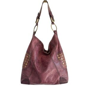 STEVEN Boho Studded Hobo 100% Leather Shoulder Bag Burgundy Red Gold 14”x15”x5”
